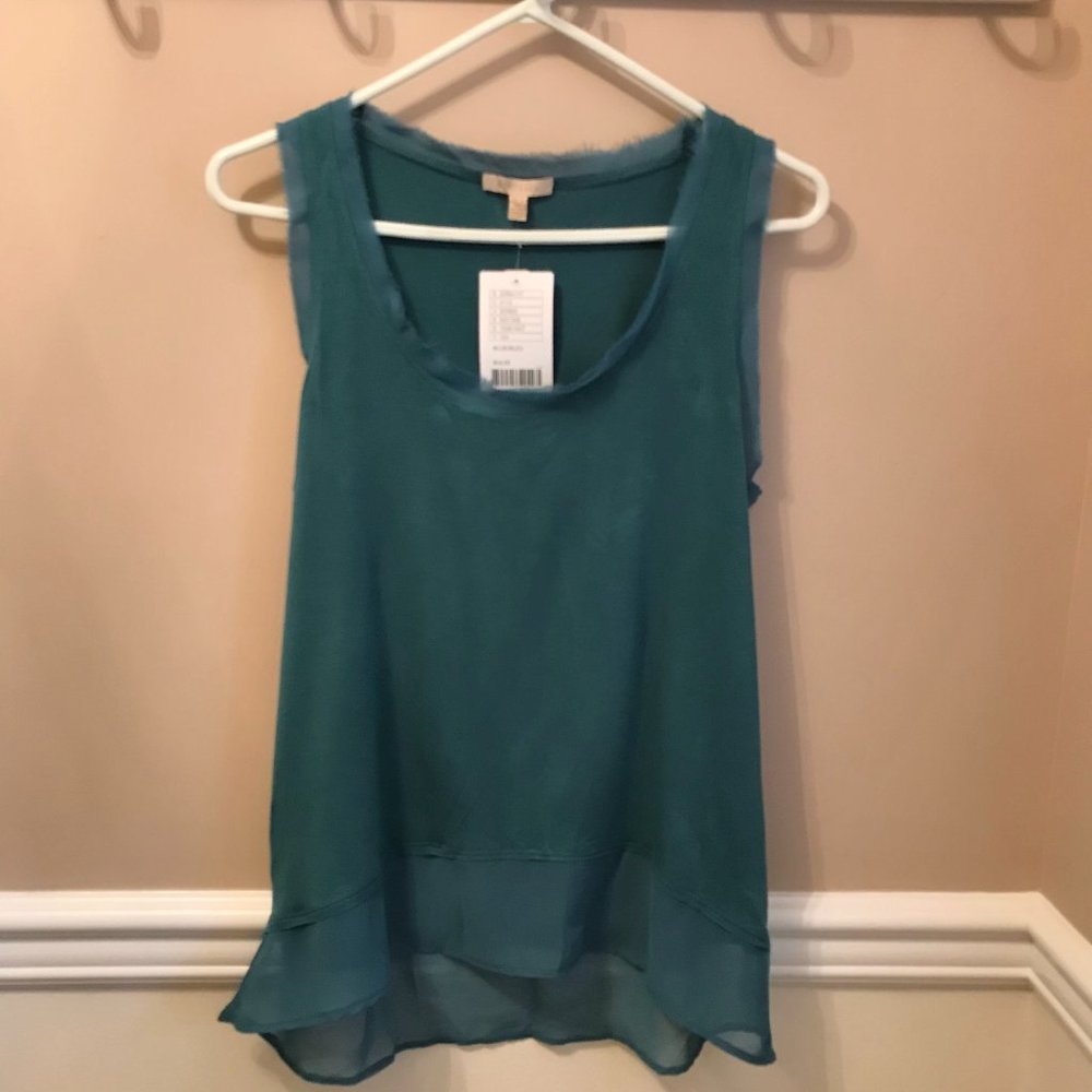 ANTHROPOLOGIE BORDEAUX FRAYED TRIM SCOOP NECK TANK TOP SIZE XS in DARK TEAL BLUE